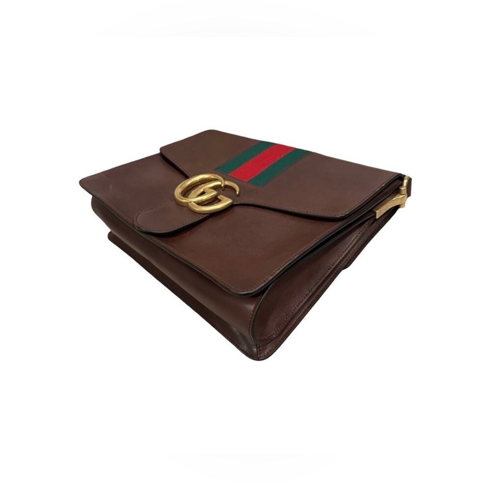 Gucci GG Marmont Web Shoulder Bag Brown Leather Gold Chain Crossbody Designer - Picture 7 of 17